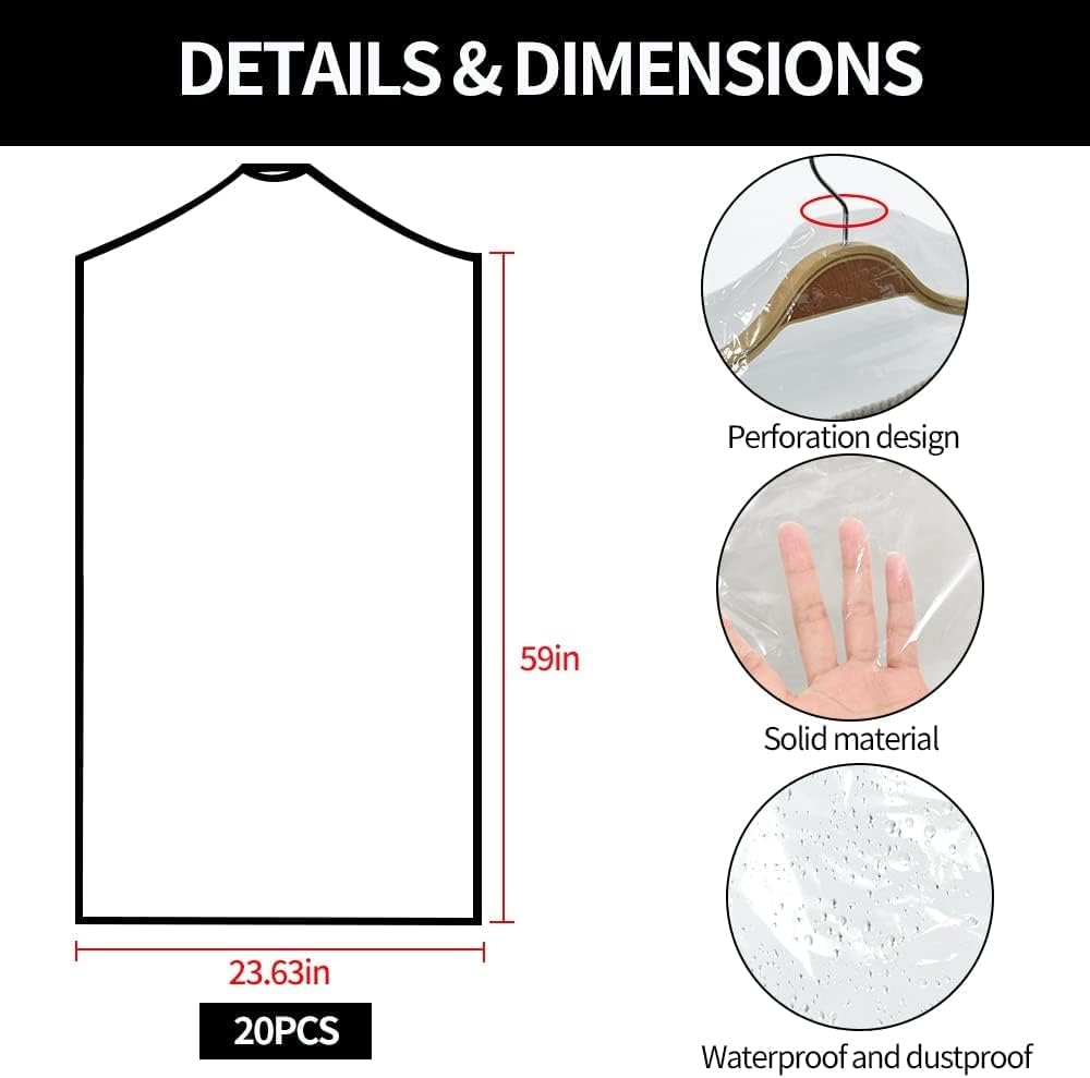 BEISHIDA 20PCS 60 Inch Plastic Garment Bag-Plastic Clear Dry Cleaner Laundry Bags for Clothes Cover, Hanging Clothes Storage for Long Dresses Skirt Coat Suit Shirt Jacket