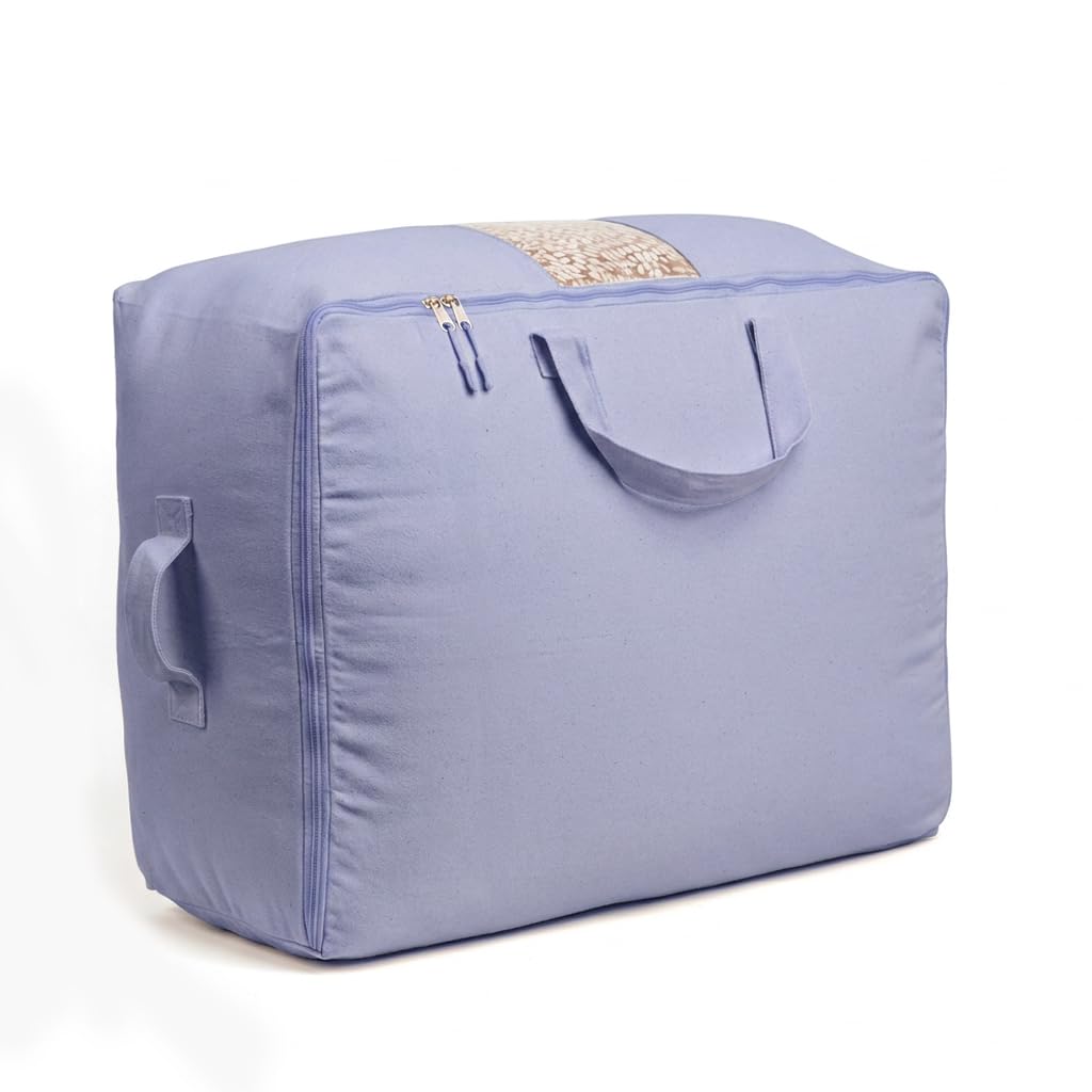 Soft Canvas Storage Bags with Zipper. Thick Breathable, 2pc King/Queen Comforter Organizer. Four Carrying Handles and Window. Large 25x19x9in Bag for Sheets Blankets Bedding Pillows, Clothes