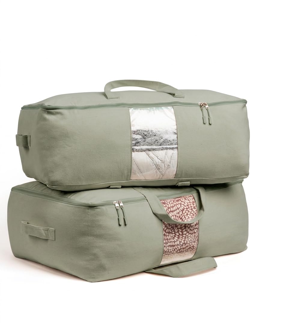 Soft Canvas Storage Bags with Zipper. Thick Breathable, 2pc King/Queen Comforter Organizer. Four Carrying Handles and Window. Large 25x19x9in Bag for Sheets Blankets Bedding Pillows, Clothes