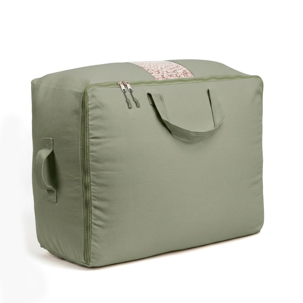 Soft Canvas Storage Bags with Zipper. Thick Breathable, 2pc King/Queen Comforter Organizer. Four Carrying Handles and Window. Large 25x19x9in Bag for Sheets Blankets Bedding Pillows, Clothes