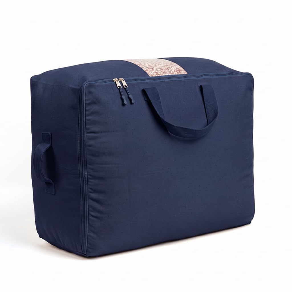 Soft Canvas Storage Bags with Zipper. Thick Breathable, 2pc King/Queen Comforter Organizer. Four Carrying Handles and Window. Large 25x19x9in Bag for Sheets Blankets Bedding Pillows, Clothes