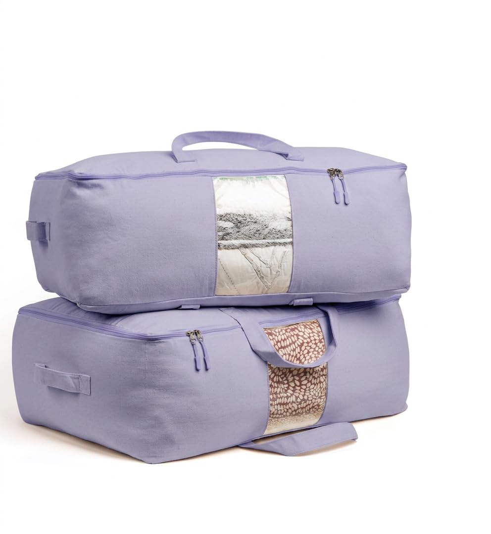 Soft Canvas Storage Bags with Zipper. Thick Breathable, 2pc King/Queen Comforter Organizer. Four Carrying Handles and Window. Large 25x19x9in Bag for Sheets Blankets Bedding Pillows, Clothes