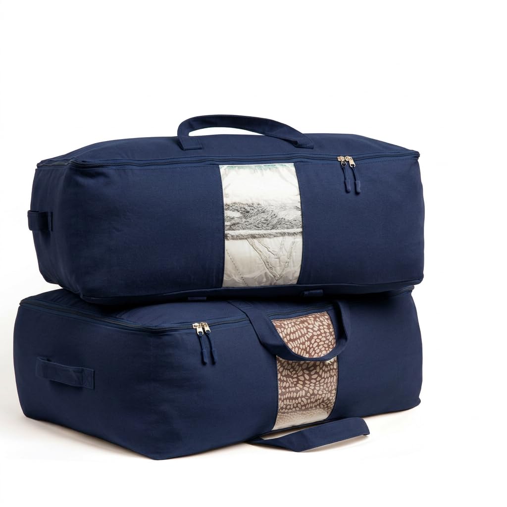 Soft Canvas Storage Bags with Zipper. Thick Breathable, 2pc King/Queen Comforter Organizer. Four Carrying Handles and Window. Large 25x19x9in Bag for Sheets Blankets Bedding Pillows, Clothes