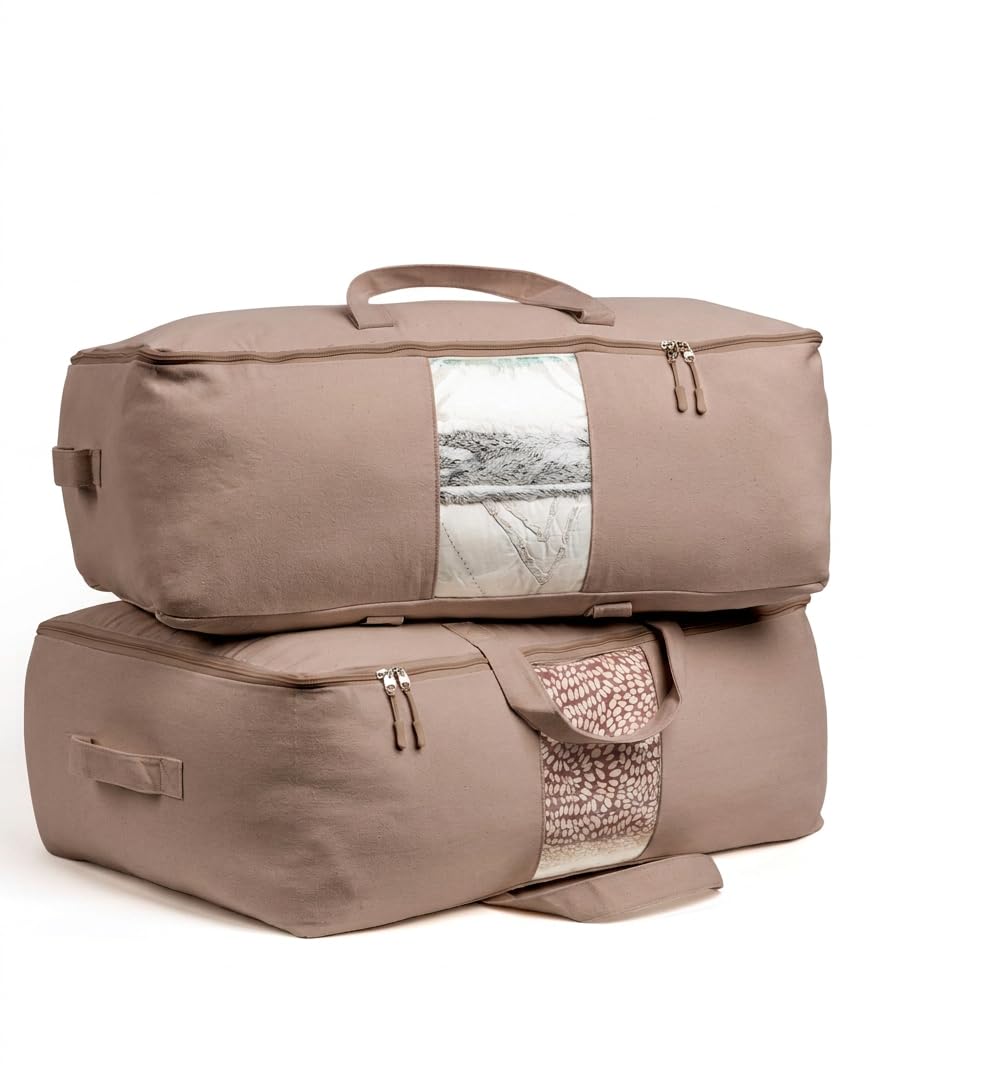 Soft Canvas Storage Bags with Zipper. Thick Breathable, 2pc King/Queen Comforter Organizer. Four Carrying Handles and Window. Large 25x19x9in Bag for Sheets Blankets Bedding Pillows, Clothes