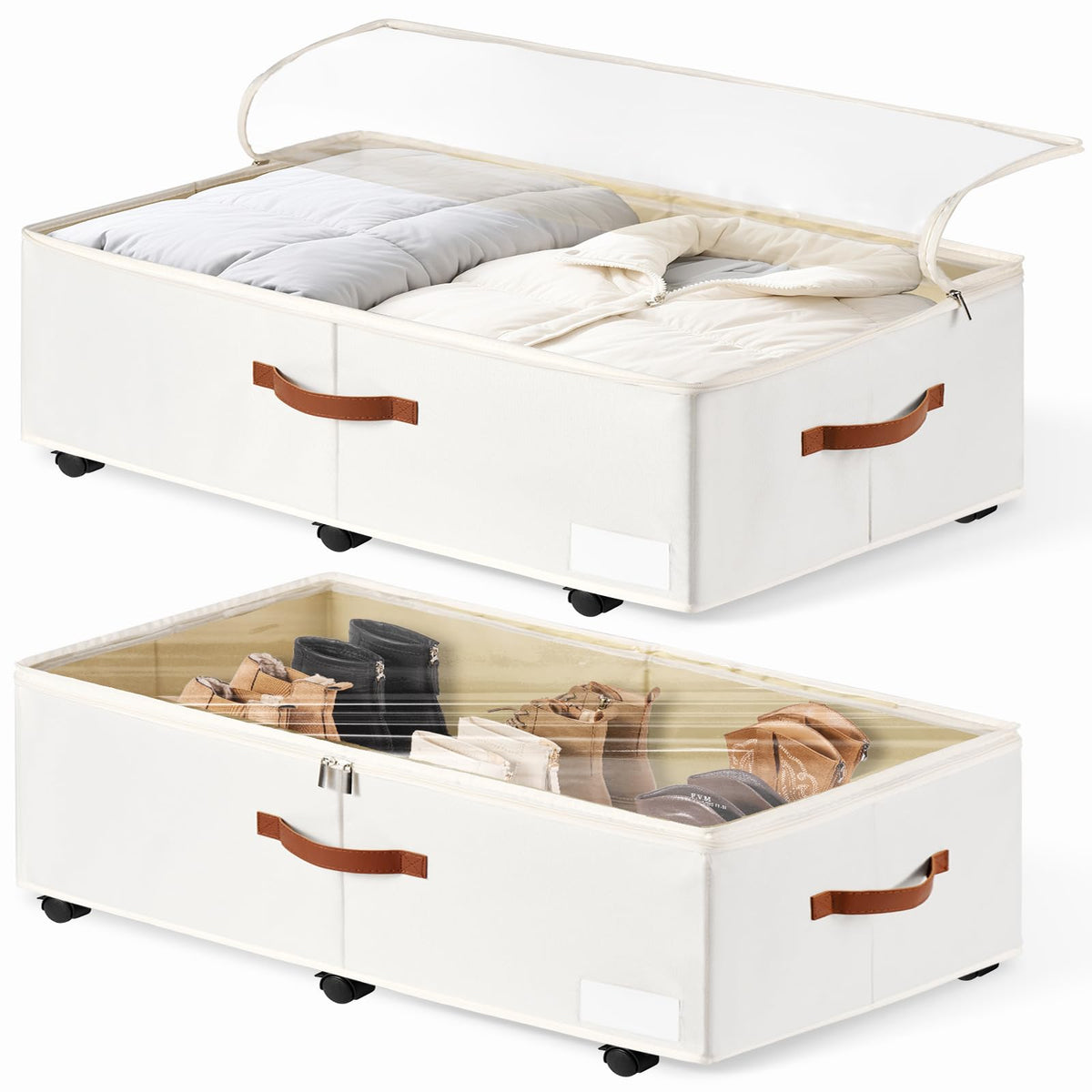 6 Inches Under Bed Storage with Wheels Pack of 2, Underbed Shoe Storage Container Bin with Clear Lid Cover, Rolling Under Bed Drawer Storage Bag Basket for Shoe Organizer Sheet Sweater - White