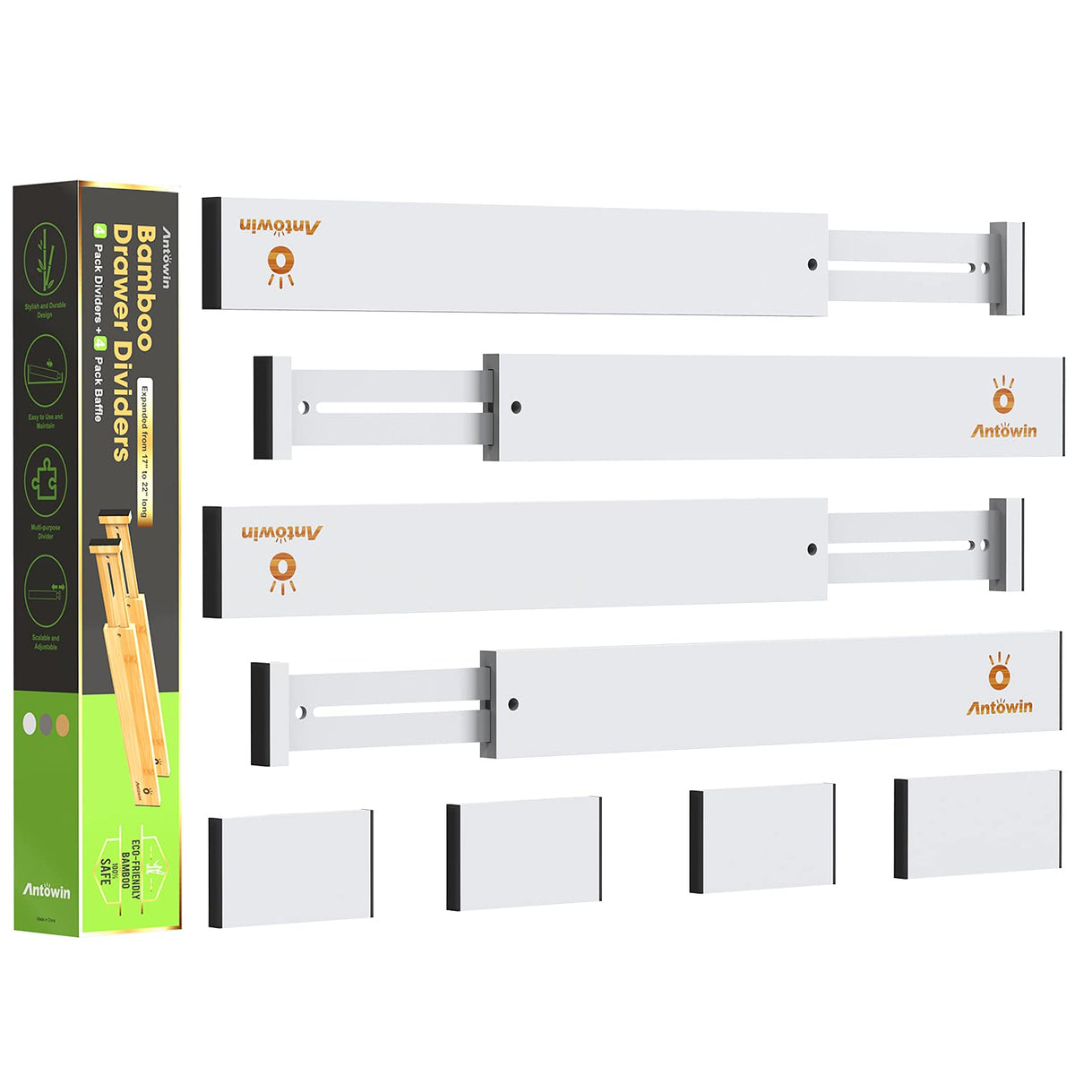 ANTOWIN 4 Pcs Expandable Bamboo Drawer Dividers, Fits 17.6-21.6" Drawers