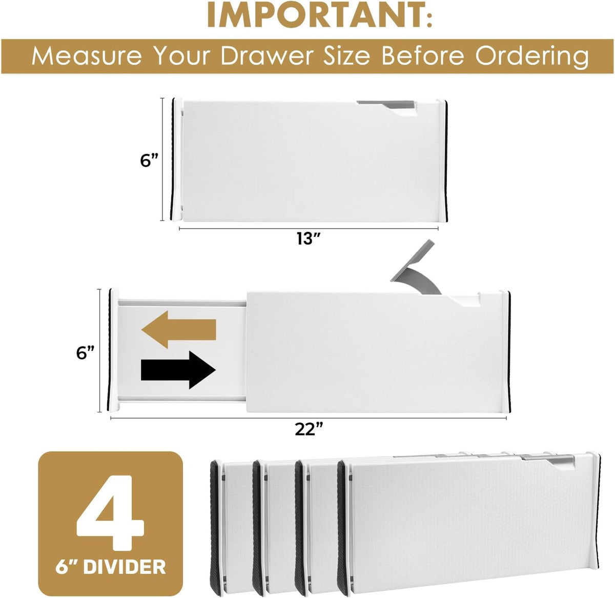 RAPTUROUS White Expandable Drawer Dividers (6" Tall, 13"-22" Long, 4 Pack - White)