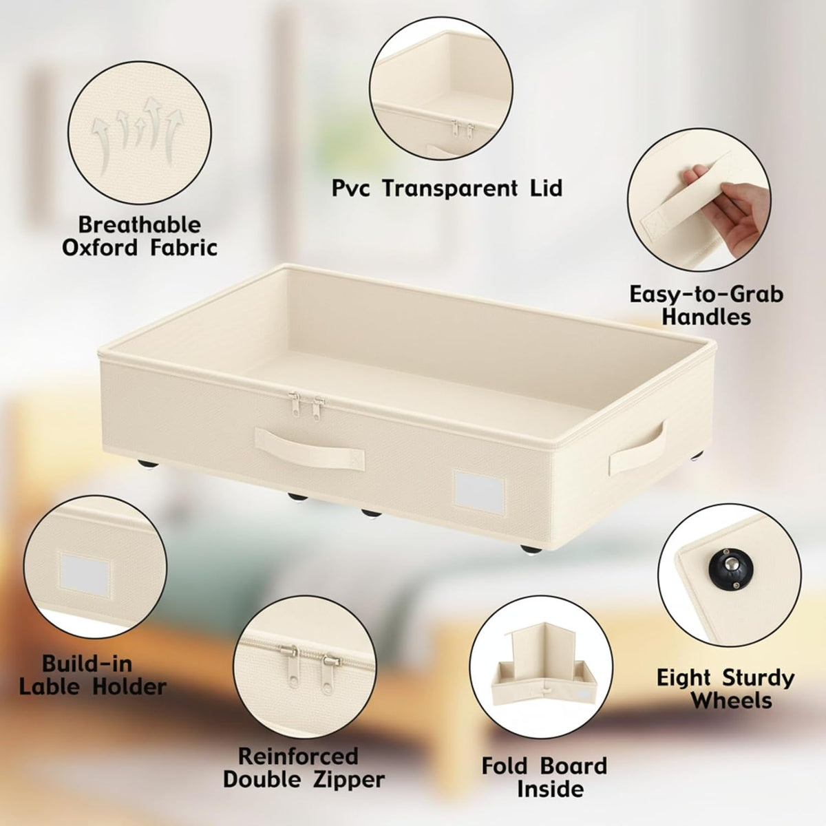 EE-RoomWorld Under Bed Storage with Wheels, No Assemble Required 5.5 inches height beige under bed storage bins,Low Profile Rolling Underbed Shoe Storage containers，dorm underbed storage drawers