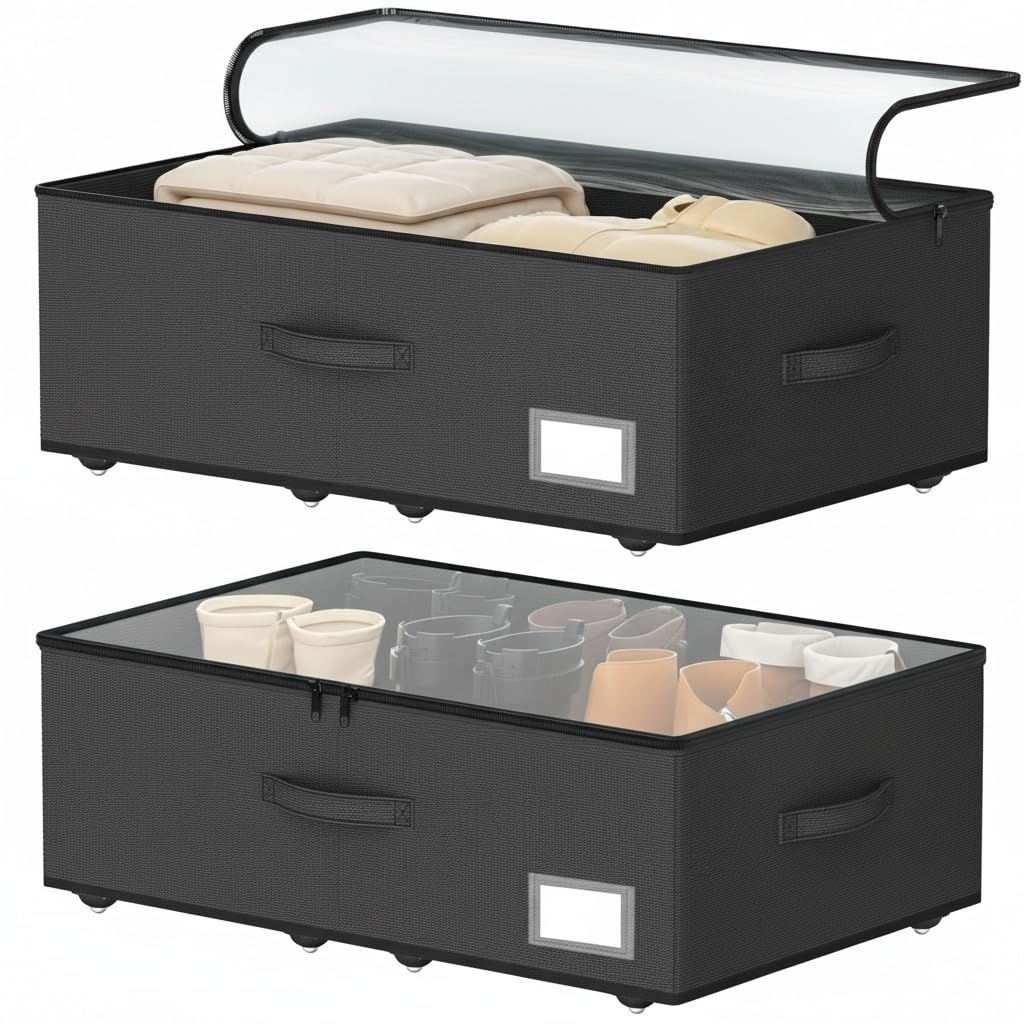 EE-RoomWorld Under Bed Storage with Wheels, No Assemble Required 5.5 inches height beige under bed storage bins,Low Profile Rolling Underbed Shoe Storage containers，dorm underbed storage drawers