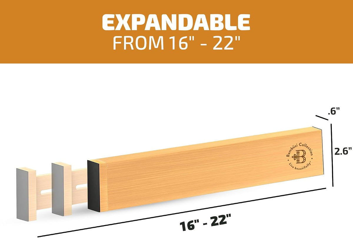 Bambüsi 4-Pack Drawer Divider - 2.6" High, 16" to 22" Adjustable Bamboo Drawer Organizers for Clothes, Expandable Dresser Separators in Bedroom/Bathroom/Kitchen/Office Organization and Storage