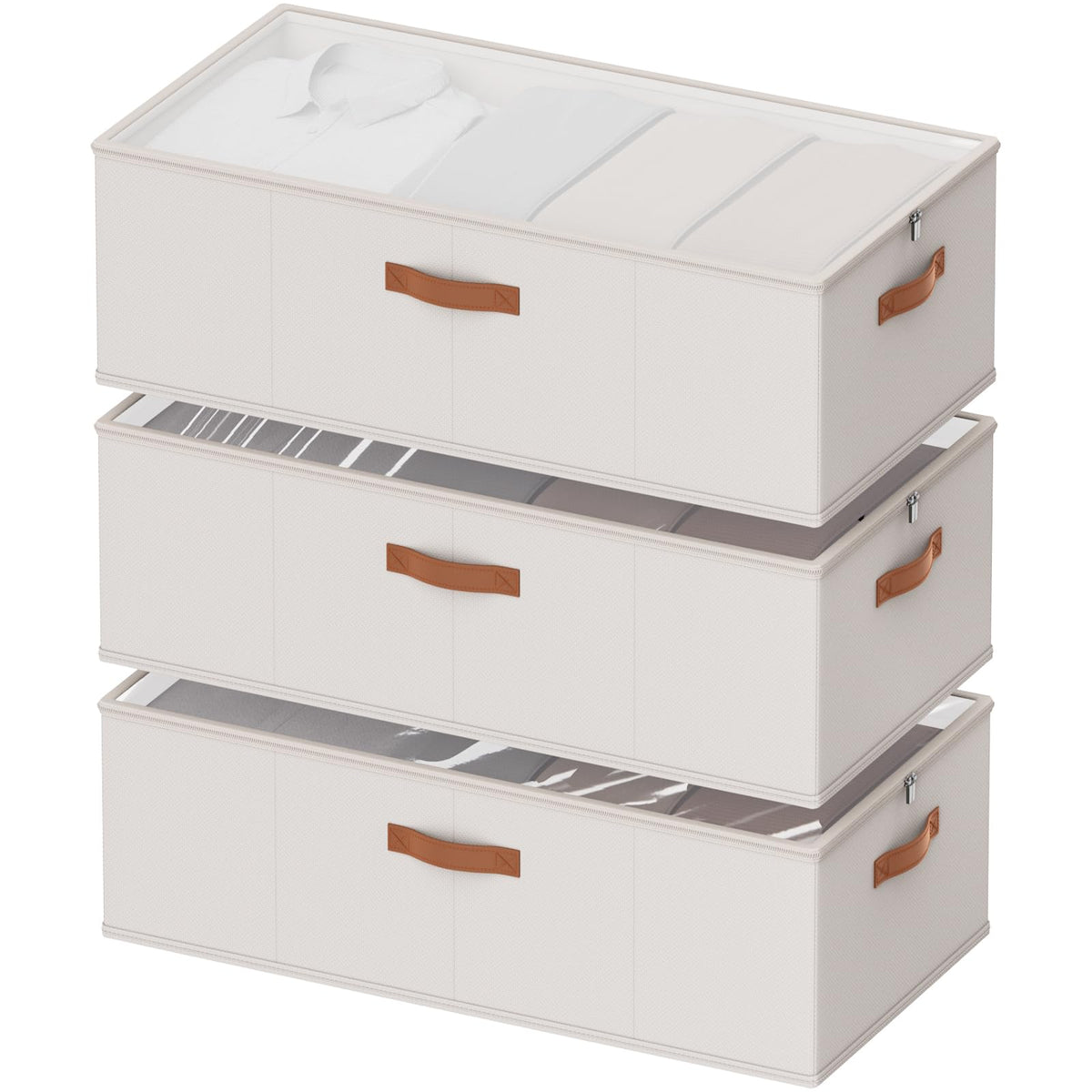 10inch 3 Pack Under Bed Storage Containers, 10 Inch Tall Underbed Clothes Storage Organizer Bin with Clear Window，Foldable Box Basket for Clothes, Closet, Bed Sheets and Blankets Beige