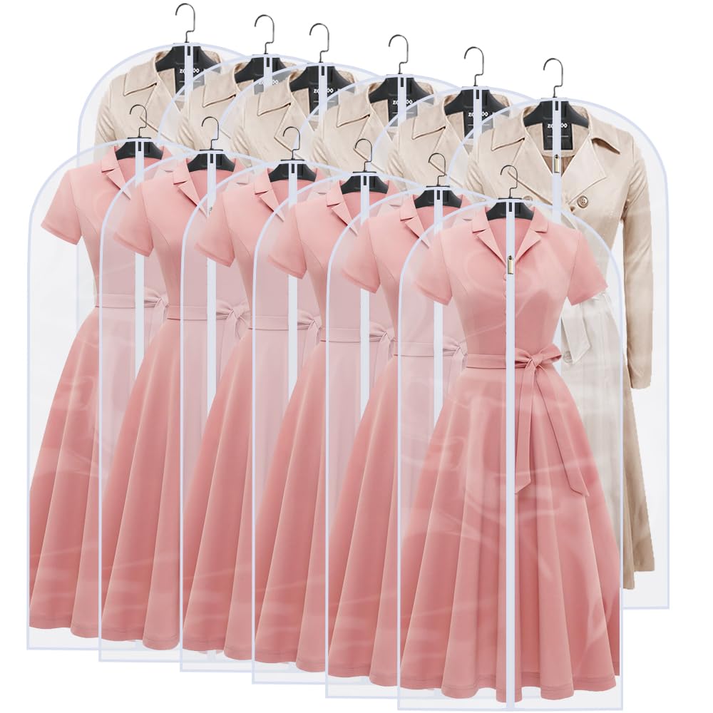 Garment Bags for Hanging Clothes 12 PCS Transparent Waterproof Dustproof Storage for Wardrobe Storage Suit Covers for Closet Cloth Cover Washable Clear Reuse Full Zipper for Suits Gowns 24''x40''