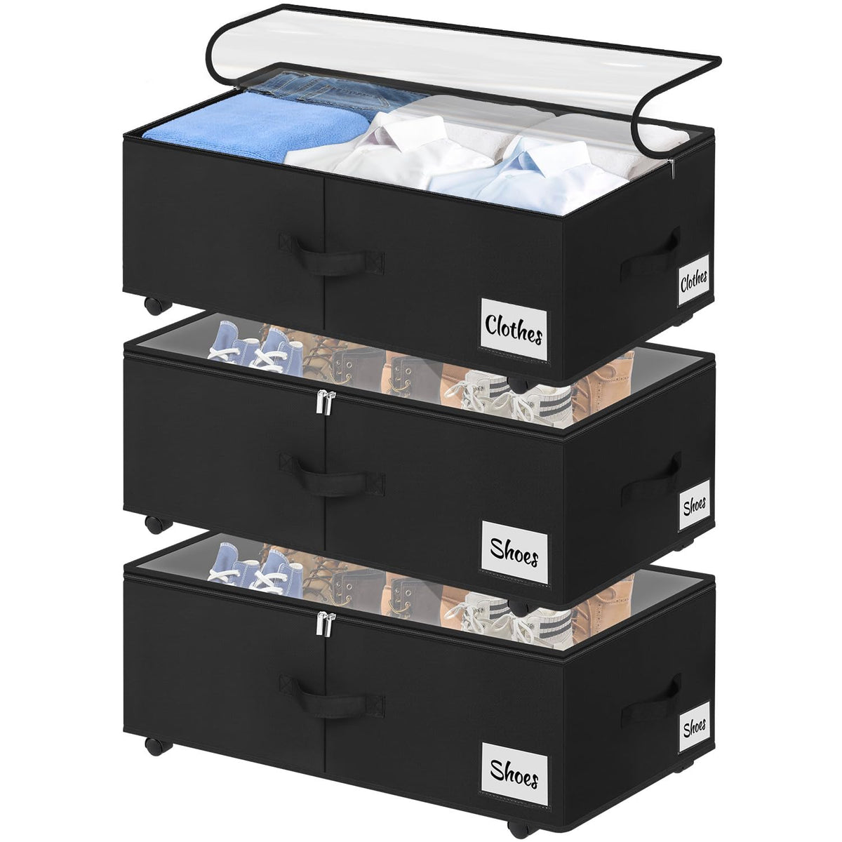 Under Bed Storage with Wheels, 2-Pack 10" Height XXL 75L Rolling Storage Bins, Quick Assembly Underbed Shoe Storage Containers with Clear Lid & Label, Dorm Under Bed Drawers for Clothes, Shoes, Black