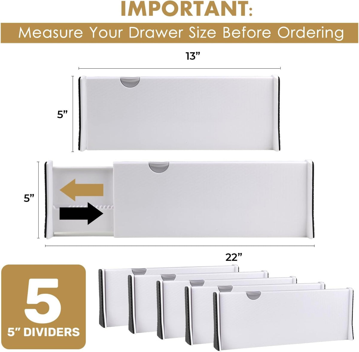 RAPTUROUS White Expandable Drawer Dividers (5" Tall, 13"-22" Long, 5 Pack - White)