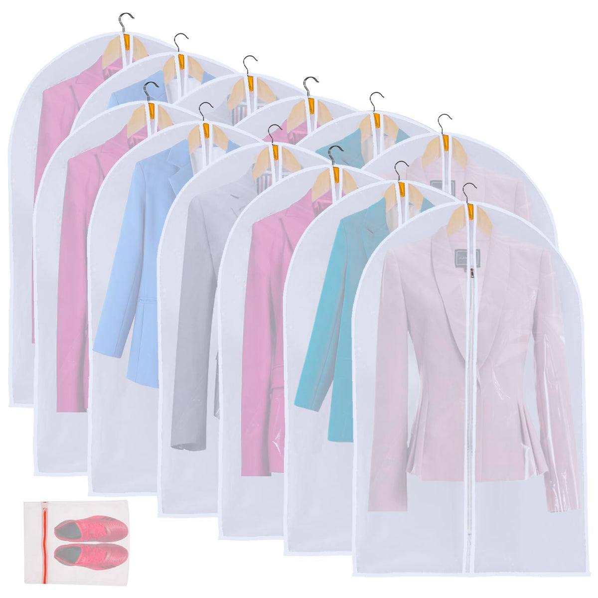 MsKitchen Garment Bags 12 Pack, 24 x 40 Hanging Clothes Storage Bags, Translucent PEVA Garment Covers with Full Zipper for Suits and Dresses