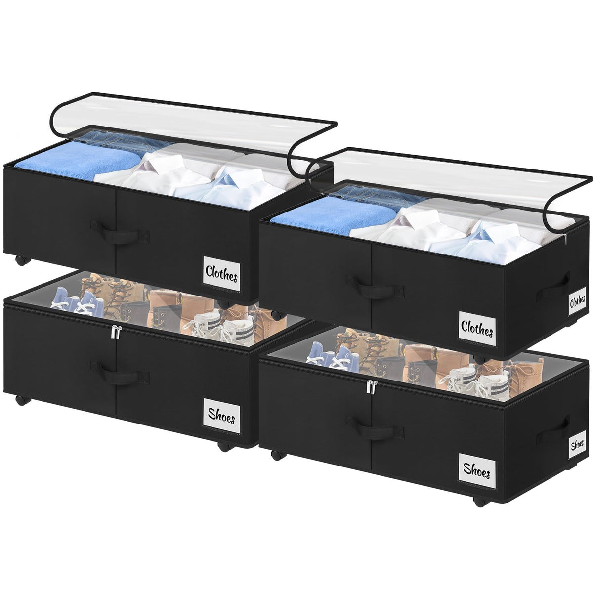 Under Bed Storage with Wheels, 2-Pack 10" Height XXL 75L Rolling Storage Bins, Quick Assembly Underbed Shoe Storage Containers with Clear Lid & Label, Dorm Under Bed Drawers for Clothes, Shoes, Black