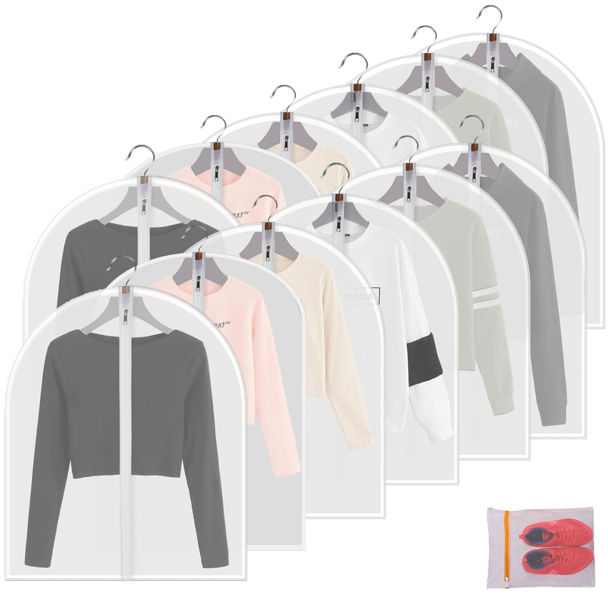 MsKitchen Garment Bags 12 Pack, 24 x 40 Hanging Clothes Storage Bags, Translucent PEVA Garment Covers with Full Zipper for Suits and Dresses