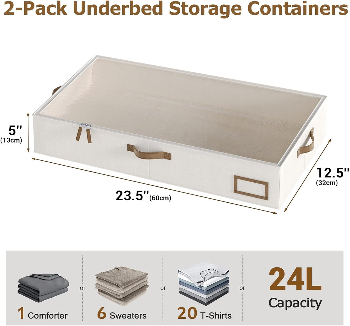 Under Bed Storage, Under Bed Storage Containers Bins for Clothes, Large Linen Underbed Closet Organization Bins, 2 Pack Collapsible Underbed Bin Dorm for Clothes, Sweater, Beige