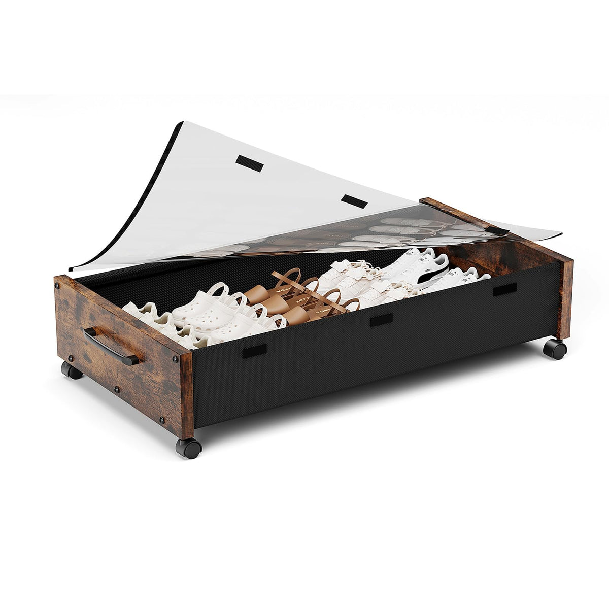 KITHELP Wooden Under Bed Storage with Wheels, Rolling Under the Bed Storage Bins with Removable Lid, Metal Under Bed Drawers for Clothes and Shoes in Bedroom or Living Room(Vintage Brown-2pack)