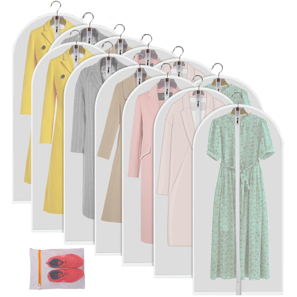 MsKitchen Garment Bags 12 Pack, 24 x 40 Hanging Clothes Storage Bags, Translucent PEVA Garment Covers with Full Zipper for Suits and Dresses