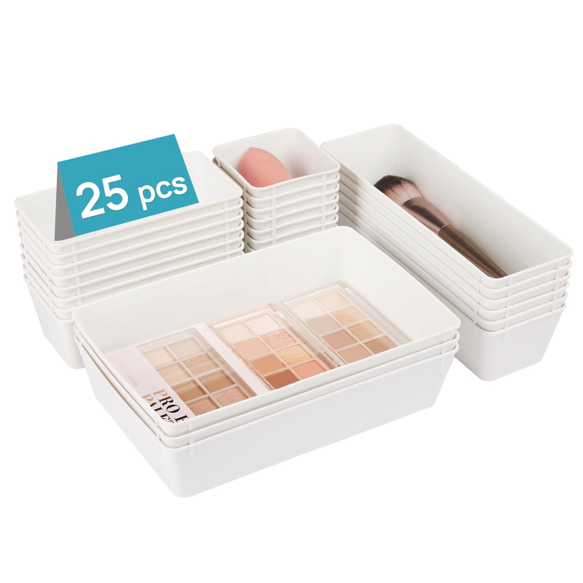 Vtopmart 25 PCS Clear Plastic Drawer Organizers Set, 4-Size Versatile Bathroom and Vanity Drawer Organizer Trays, Storage Bins for Makeup, Bedroom, Kitchen Gadgets Utensils and Office