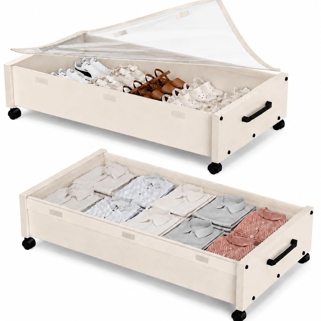 KITHELP Wooden Under Bed Storage with Wheels, Rolling Under the Bed Storage Bins with Removable Lid, Metal Under Bed Drawers for Clothes and Shoes in Bedroom or Living Room(Vintage Brown-2pack)