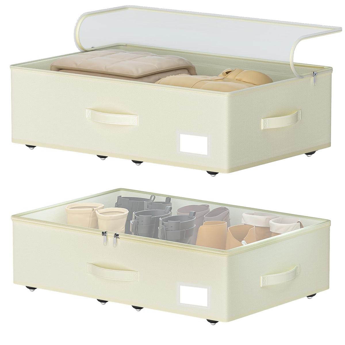 EE-RoomWorld Under Bed Storage with Wheels, No Assemble Required 5.5 inches height beige under bed storage bins,Low Profile Rolling Underbed Shoe Storage containers，dorm underbed storage drawers