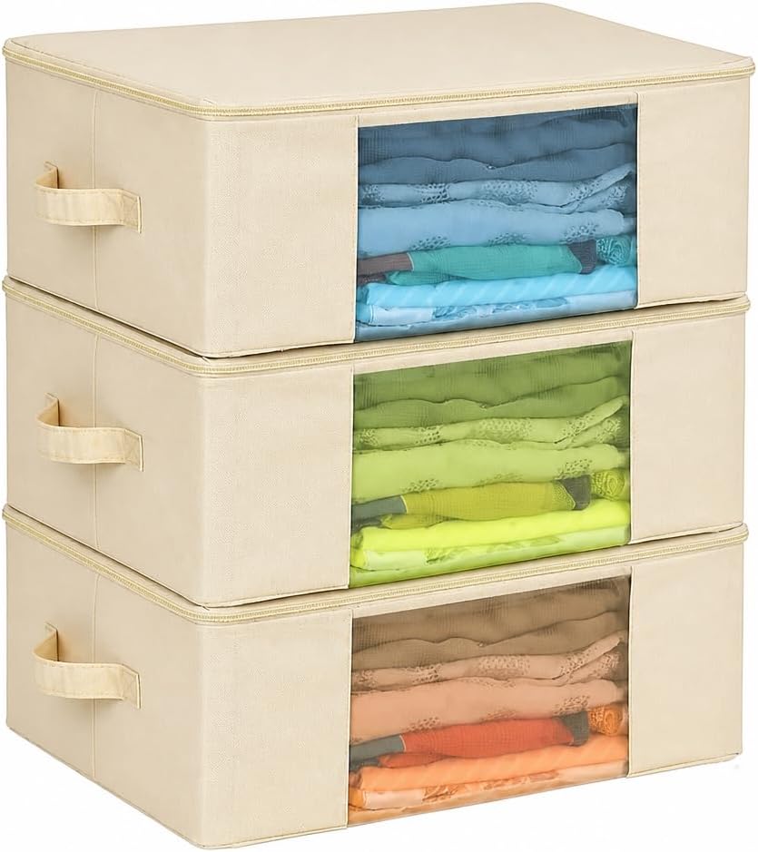 SOLSTICE Cotton Canvas Clothes Storage Bags, Saree Covers with Zip for Storage Specially Design for Woman Dresses, Sarees, Lehengas for Wardrobe Organizer (17 x 14 x 7 Inch, off white, Pack 0f 3)