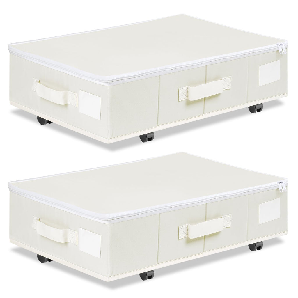 Vincona Under Bed Storage with Wheels, 2 Pack Under Bed Storage Containers with Label Holders for Clothes, Shoes and Blankets, Rolling Underbed Shoe Organizer with Cover, Beige (30.71x15.7x7.28 in)