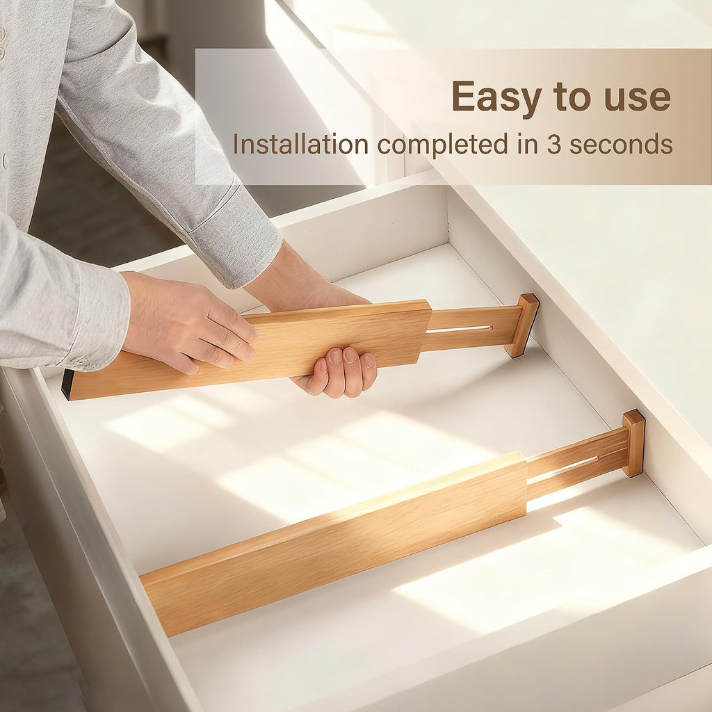 Adjustable Bamboo Drawer Dividers of 8, Expandable Organizers (16.9"-22.2")