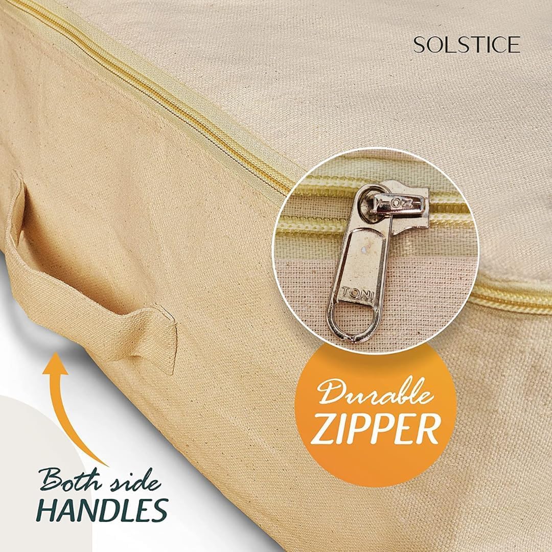 SOLSTICE Cotton Canvas Clothes Storage Bags, Saree Covers with Zip for Storage Specially Design for Woman Dresses, Sarees, Lehengas for Wardrobe Organizer (17 x 14 x 7 Inch, off white, Pack 0f 3)