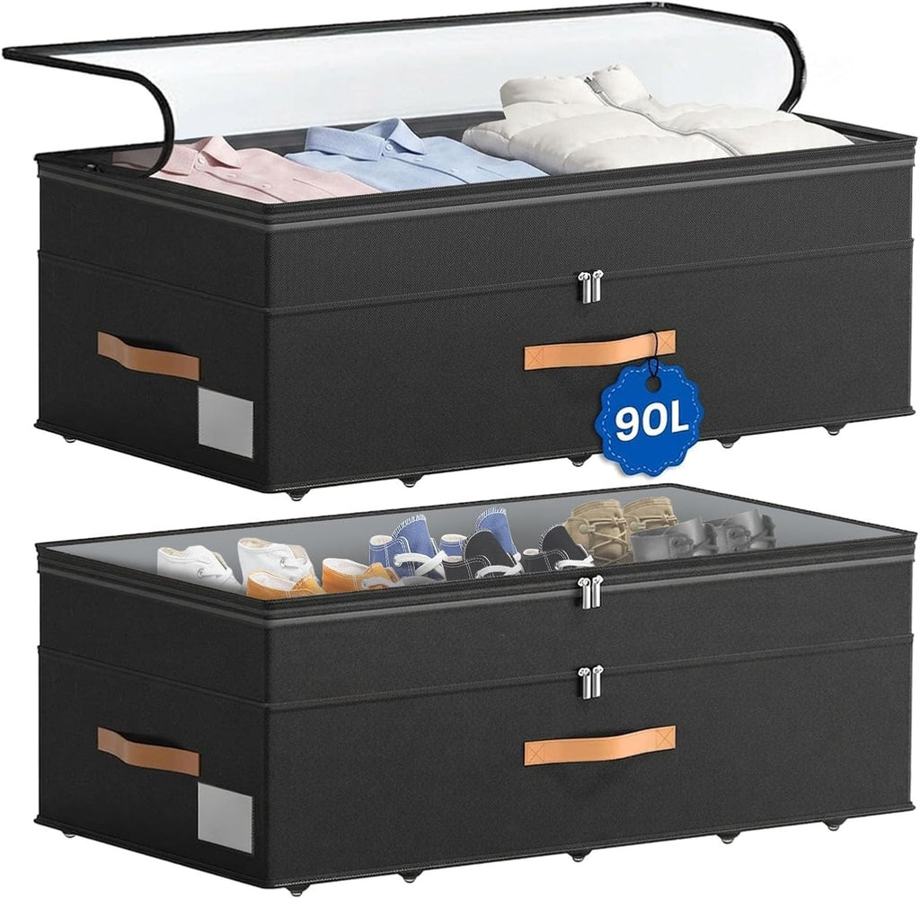 90L XXL Large Under Bed Storage with Wheels, 2-Pack (Black) 11'' Height Adjustable XXL Rolling Storage Bins with Clear Lids, Dorm Under Bed Drawers for Clothes, Shoes, Blankets