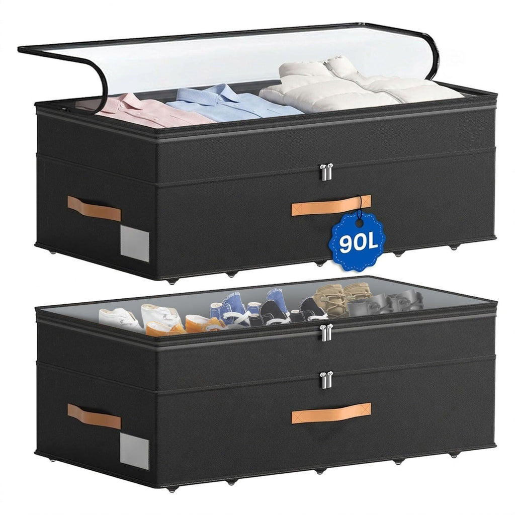 90L XXL Large Under Bed Storage with Wheels, 2-Pack (Black) 11'' Height Adjustable XXL Rolling Storage Bins with Clear Lids, Dorm Under Bed Drawers for Clothes, Shoes, Blankets