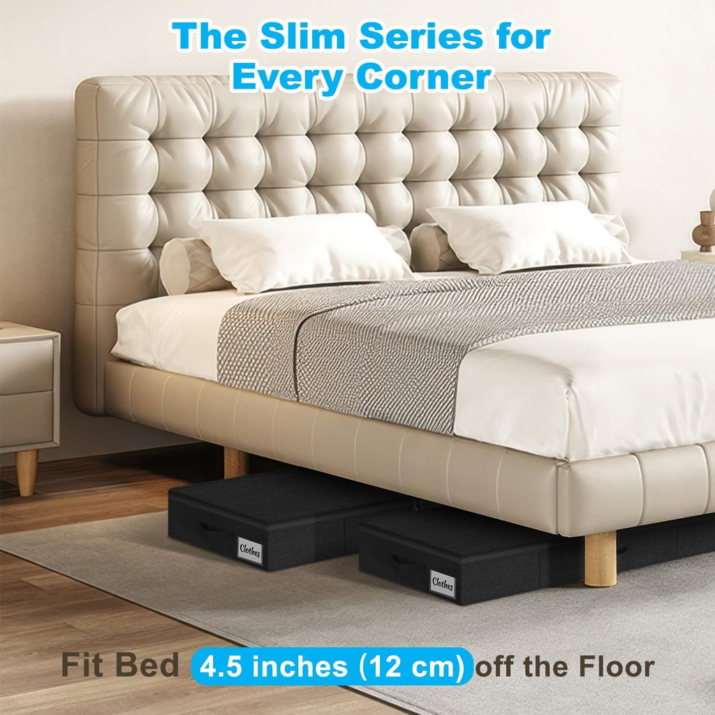 Under Bed Storage Container Bins 2 Pack, 4.5 Inch Slim Low Profile Underbed Clothes Storage Organizer for Dorm & Home, Use for Blanket and Toy Storage Box W/ Sturdy Bottom/Sides, Foldable Thick Fabric