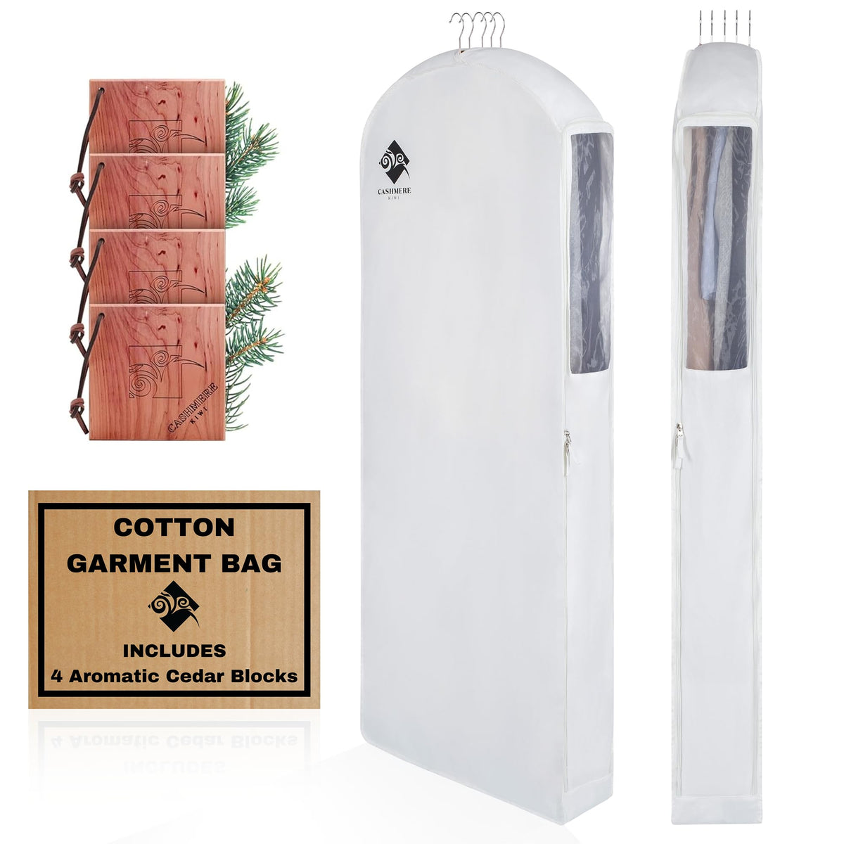 Premium 40” Short Cotton Garment Bag For Hanging Clothes And Storage | Wide 6” Gusset & 4 Cedar Blocks For Fresh Smell And Moth Protection | Best For Suits, Fur Coats, Leather Jackets, Sweaters.