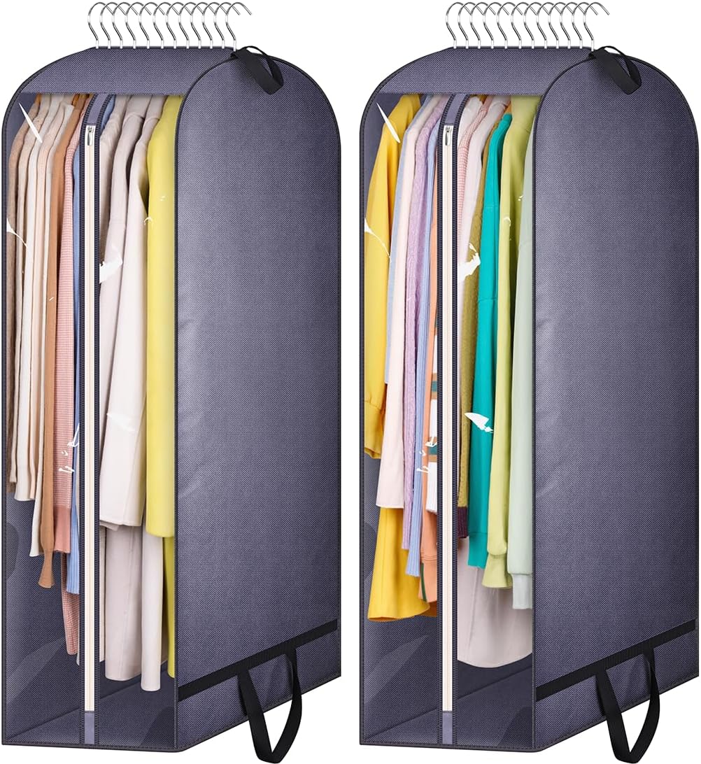 KIMBORA 10" Gusseted Clear Garment Bags for Hanging Clothes Storage, 43" Suit Bags for Closet Storage with Handles, Garment Covers for Coats, Jackets, Sweaters (2 Packs, Grey)