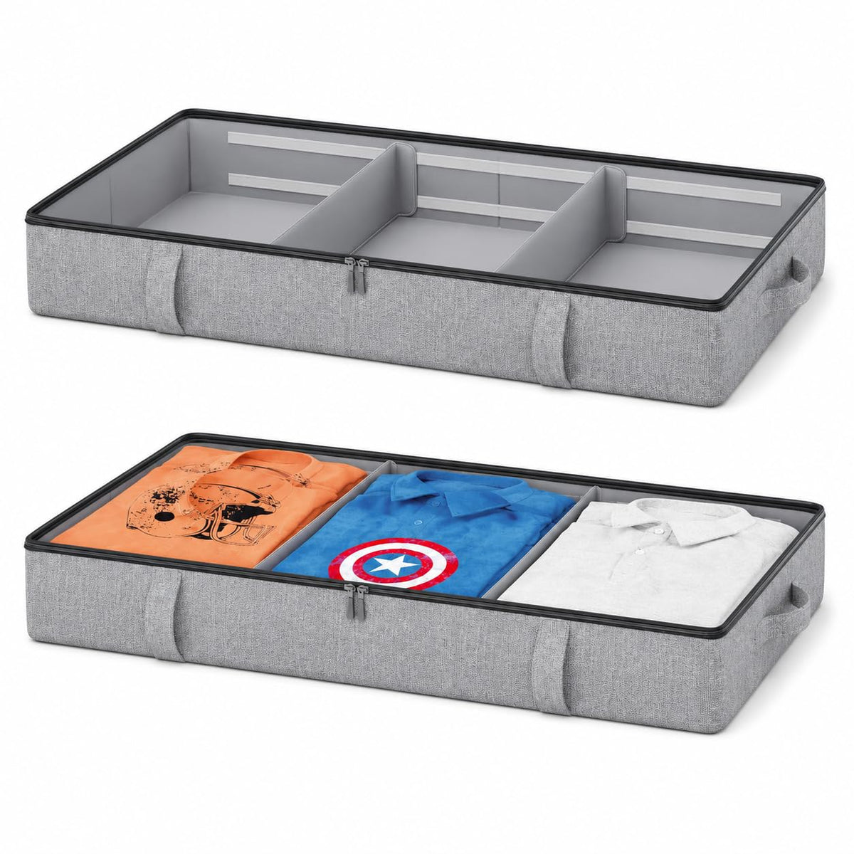 Vailando Side-Supported Under Bed Storage Containers, 6 Inches Tall 60L Underbed Storage Bins with Sturdy Handles and Sidewalls, Closet Organizer for Clothes, Blankets, Seasonal Items, Beige, 2-Pack