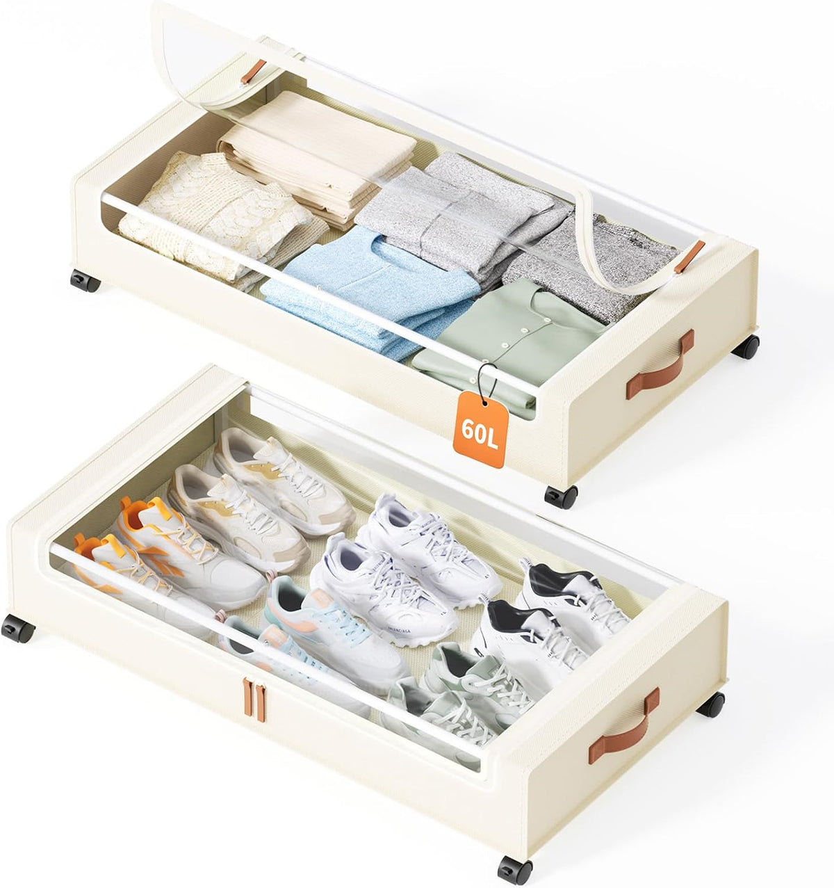 Yecaye Under Bed Storage with Wheels, 2 Pack Under Bed Storage Containers, 60L Underbed Shoe Storage with Clear Window & Label, Rolling Under Bed Metal Drawer for Clothes, Shoes, Books, Blankets