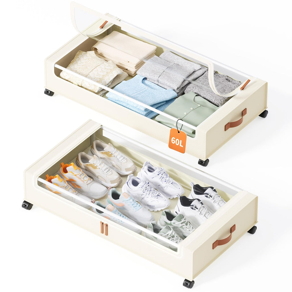 Yecaye Under Bed Storage with Wheels, 2 Pack Under Bed Storage Containers, 60L Underbed Shoe Storage with Clear Window & Label, Rolling Under Bed Metal Drawer for Clothes, Shoes, Books, Blankets