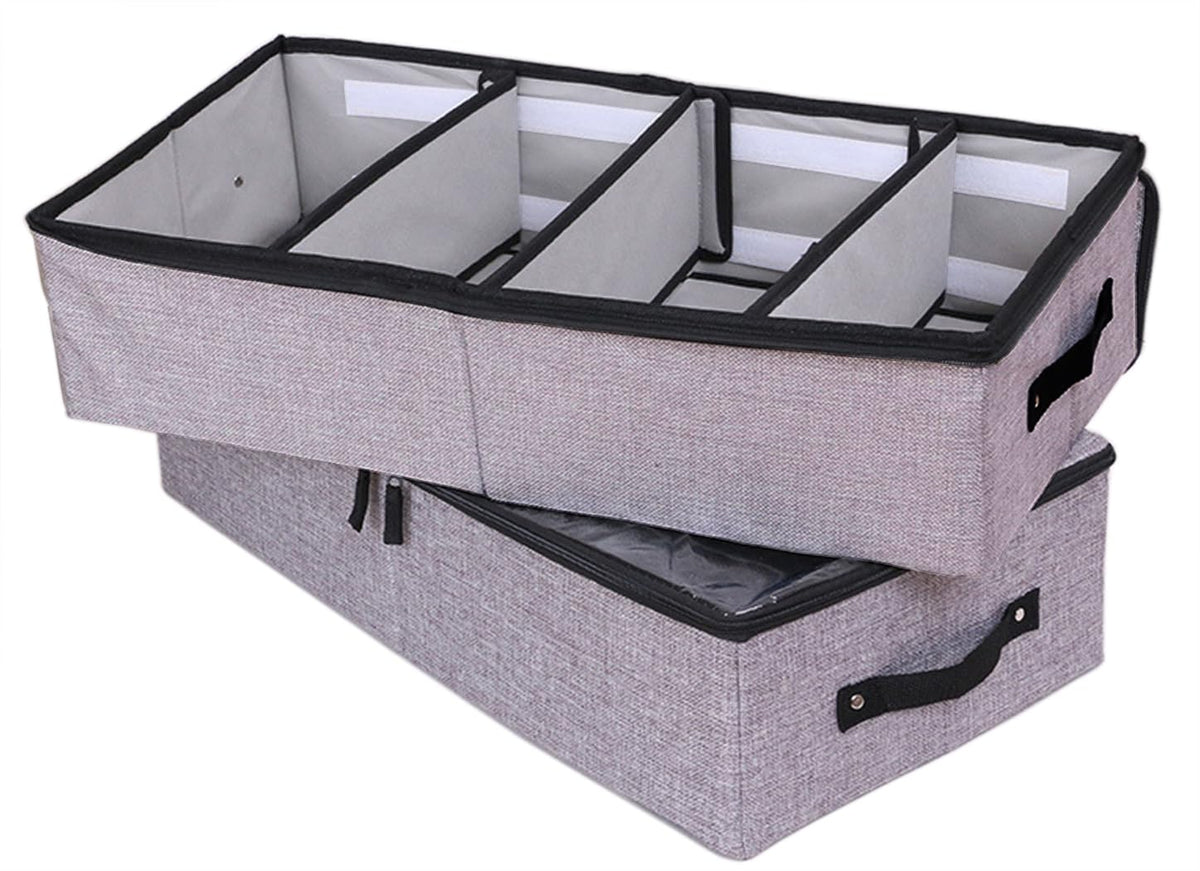 AARAINBOW 2 Packs Foldable Under Bed Clothes Organizer with Lids, Underbed Storage Container with Adjustable Dividers, UnderBed Storage Bins with Handles and Clear Window (Gray+Light Gray)