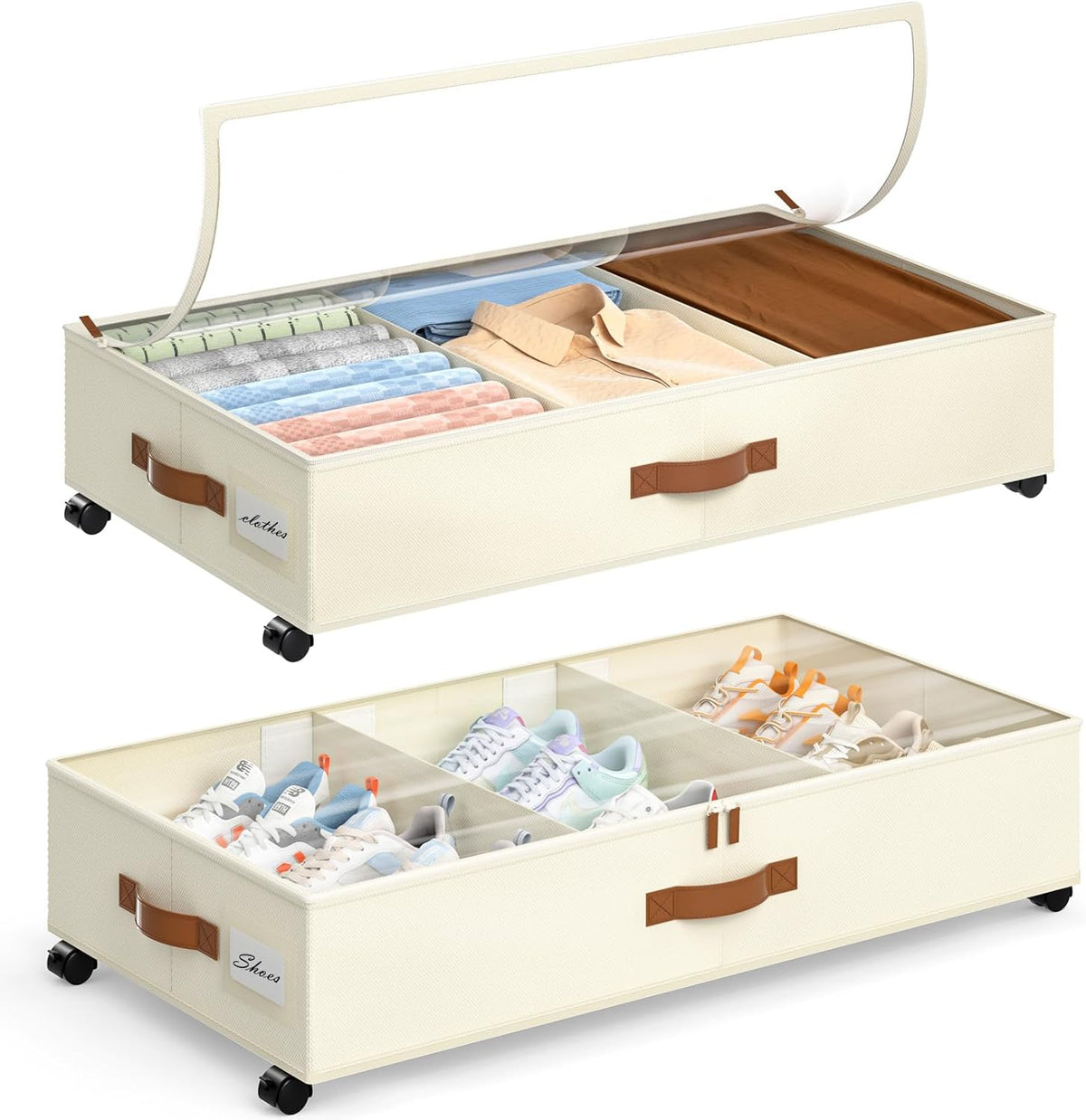 Yecaye Under Bed Storage with Wheels, 2 Pack Under Bed Storage Containers with Adjustable Dividers & Clear Lid, Rolling Underbed Organizer Bins Drawer for Clothes, Shoes, Blankets(30.3 x 16 x 6.7in)