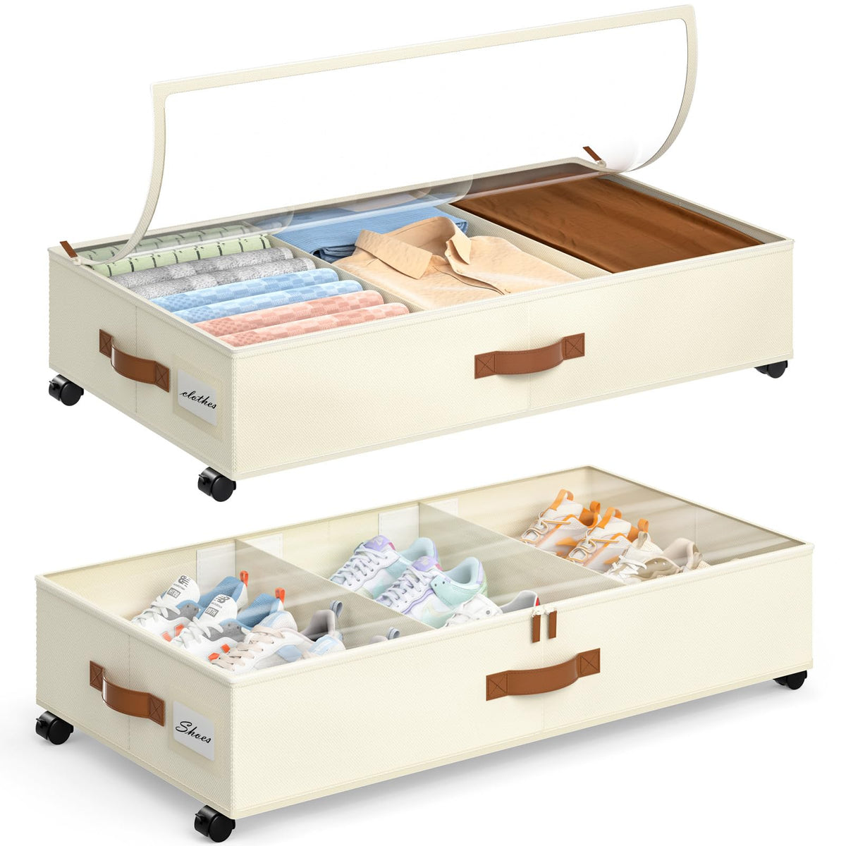 Yecaye Under Bed Storage with Wheels, 2 Pack Under Bed Storage Containers with Adjustable Dividers & Clear Lid, Rolling Underbed Organizer Bins Drawer for Clothes, Shoes, Blankets(30.3 x 16 x 6.7in)