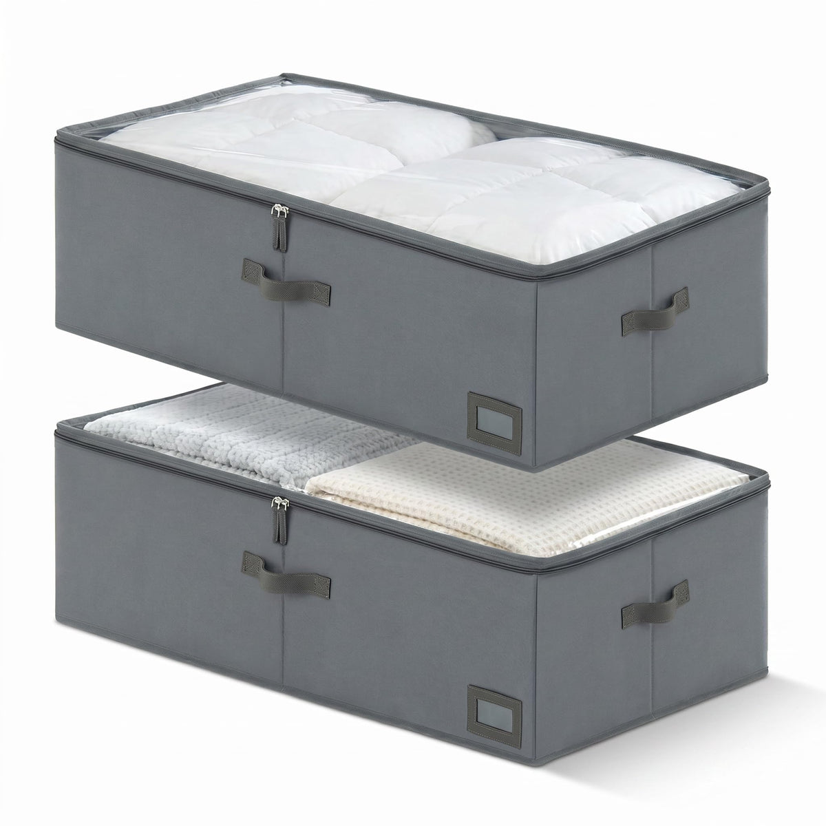 6" Versatile Under Bed Storage Bins (2-Pack, Charcoal Grey), Sturdy 600D Oxford Fabric Clothes Organizer Containers with Matching Vegan Leather Handles for Sweaters, Linens & Bedding