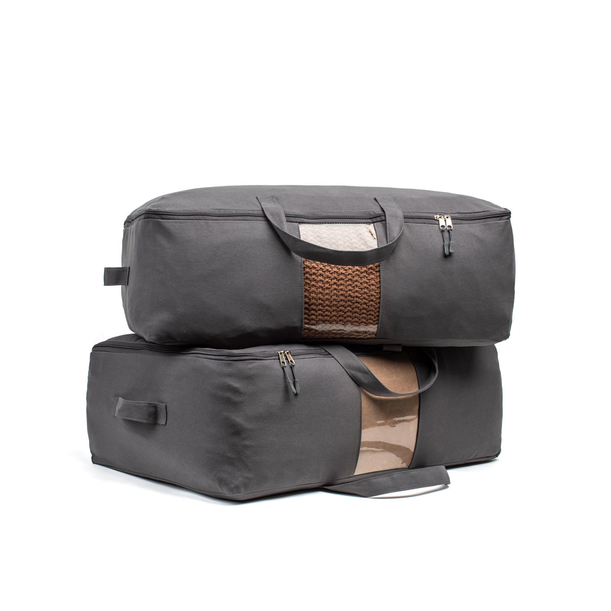 Soft Canvas Storage Bags with Zipper. Thick Breathable, 2pc King/Queen Comforter Organizer. Four Carrying Handles and Window. Large 25x19x9in Bag for Sheets Blankets Bedding Pillows, Clothes