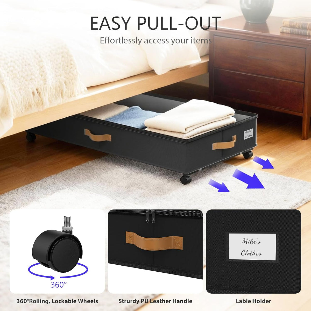 Under Bed Storage with Wheels 2-Pack, 75L XXL Under the Bed Storage Containers Large, 12" Tall Adjustable Storage for Underbed with Lids, Rolling for Clothes, Shoes, Blankets (Black)