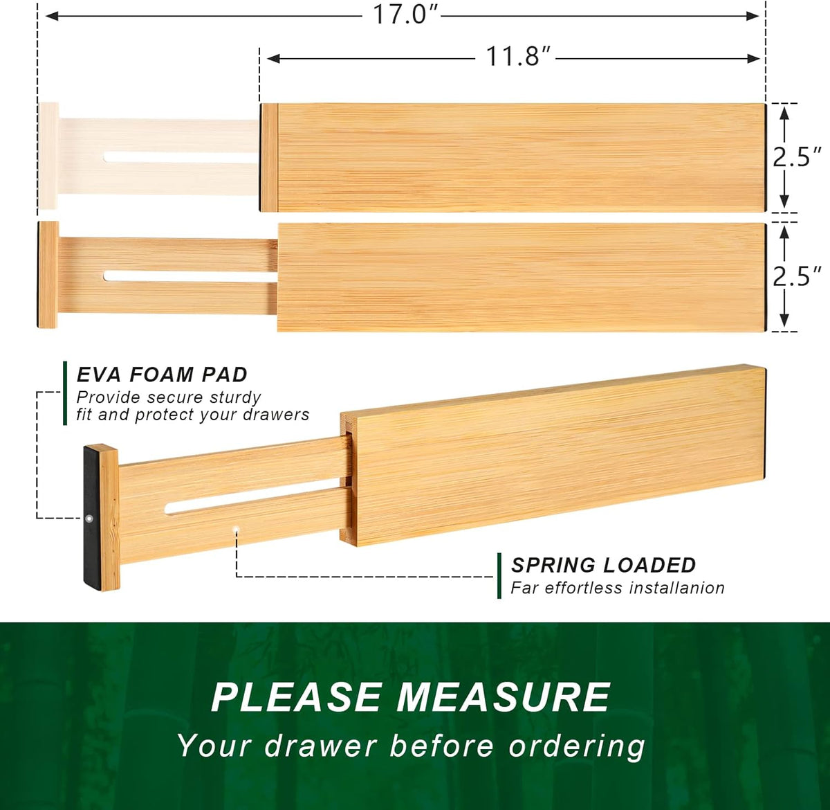 4 Pack Bamboo Drawer Dividers 2.6" High, Adjustable from 12 Inch to 17 Inch