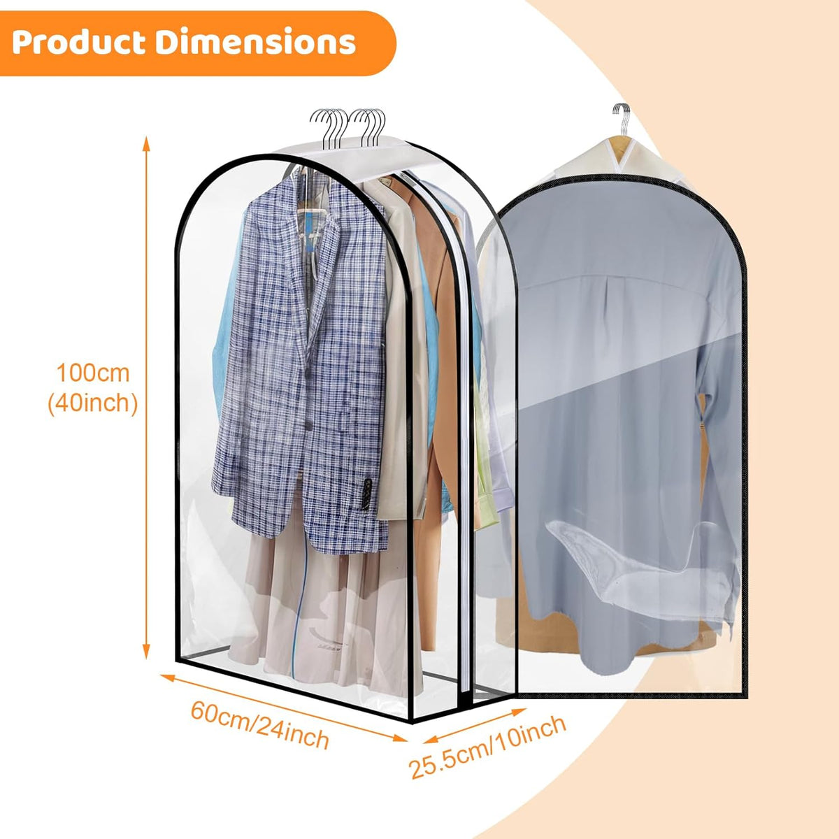 4 Pack Clear Garment Bags, 40" With 10" Gusset, Side Zipper