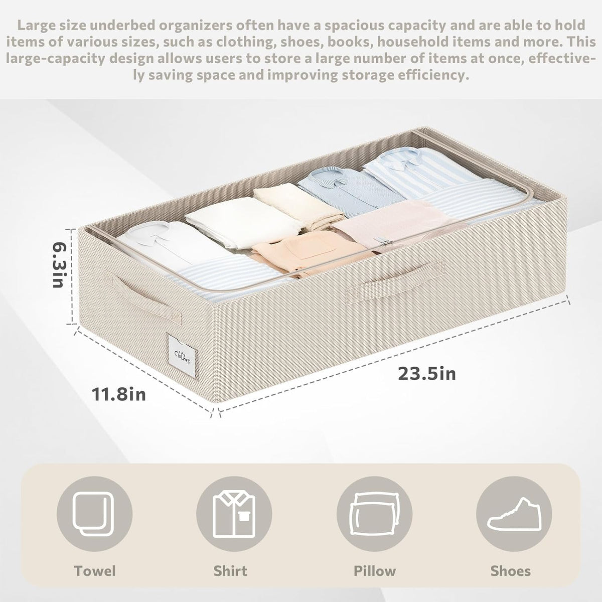 CYhom 3Pcs Under Bed Storage Bins with Metal Frame - Shoe Organizer for Closet with Clear Cover Oxford Fabric Sturdy Underbed Container Foldable Stackable Clothes Organizer (Beige, 23.5x11.8x6.3)