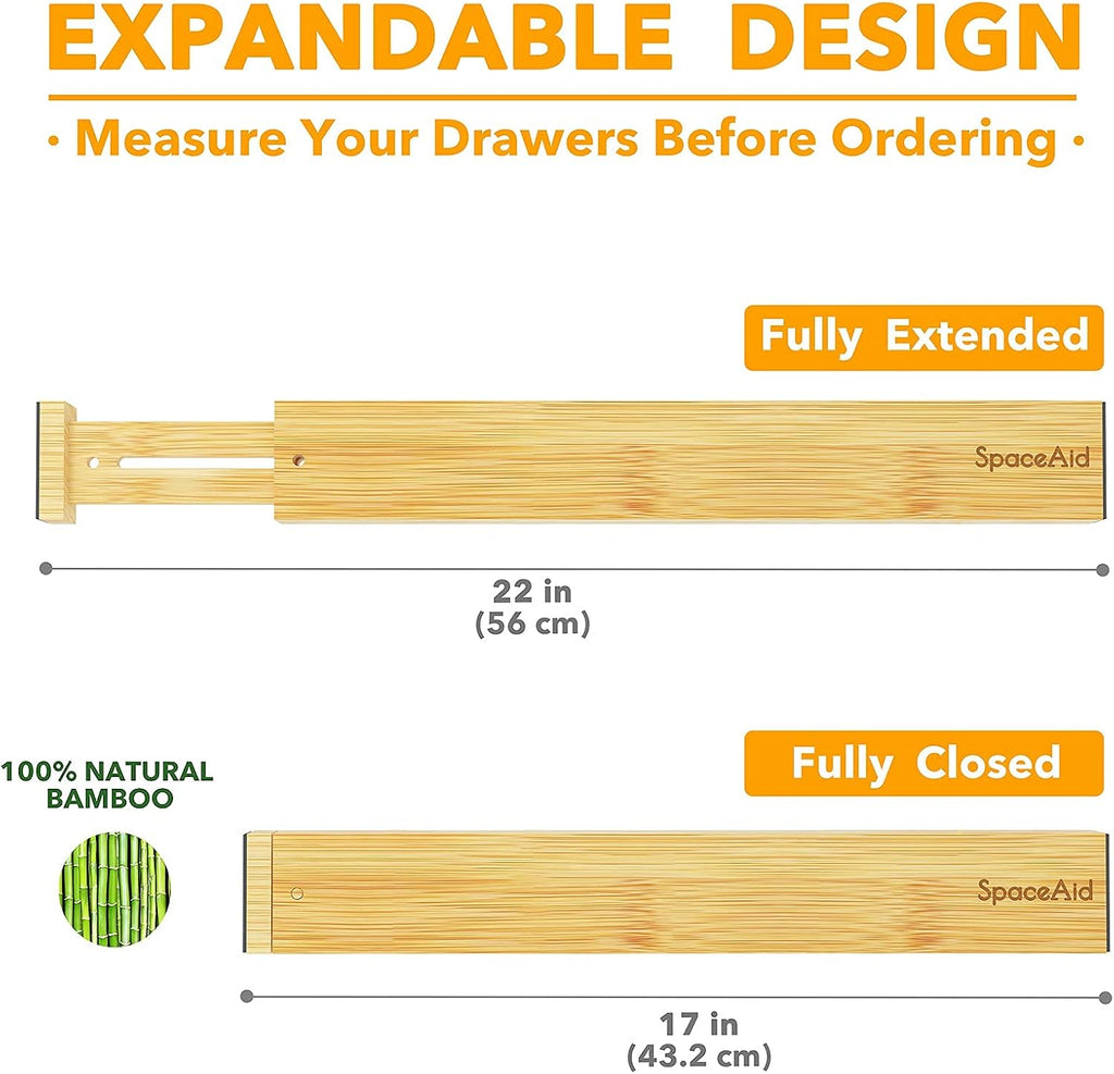 SpaceAid Bamboo Drawer Dividers with Labels, Kitchen Adjustable Drawer Organizers, Expandable Organization for Home, Office, Dressers and Bathroom, 6 Dividers (17-22 in)