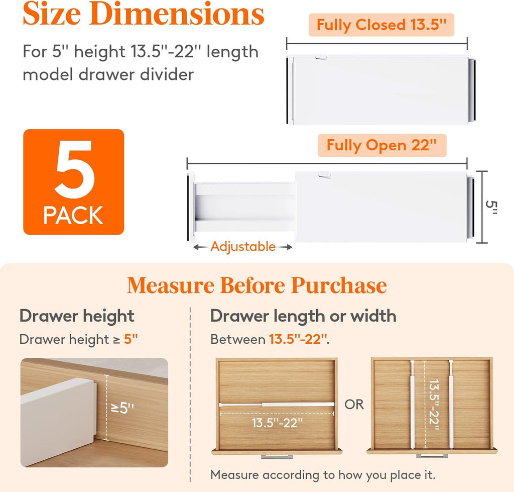Lifewit 5" Tall Upgrade Drawer Dividers, Adjustable Deep Drawer Organizer